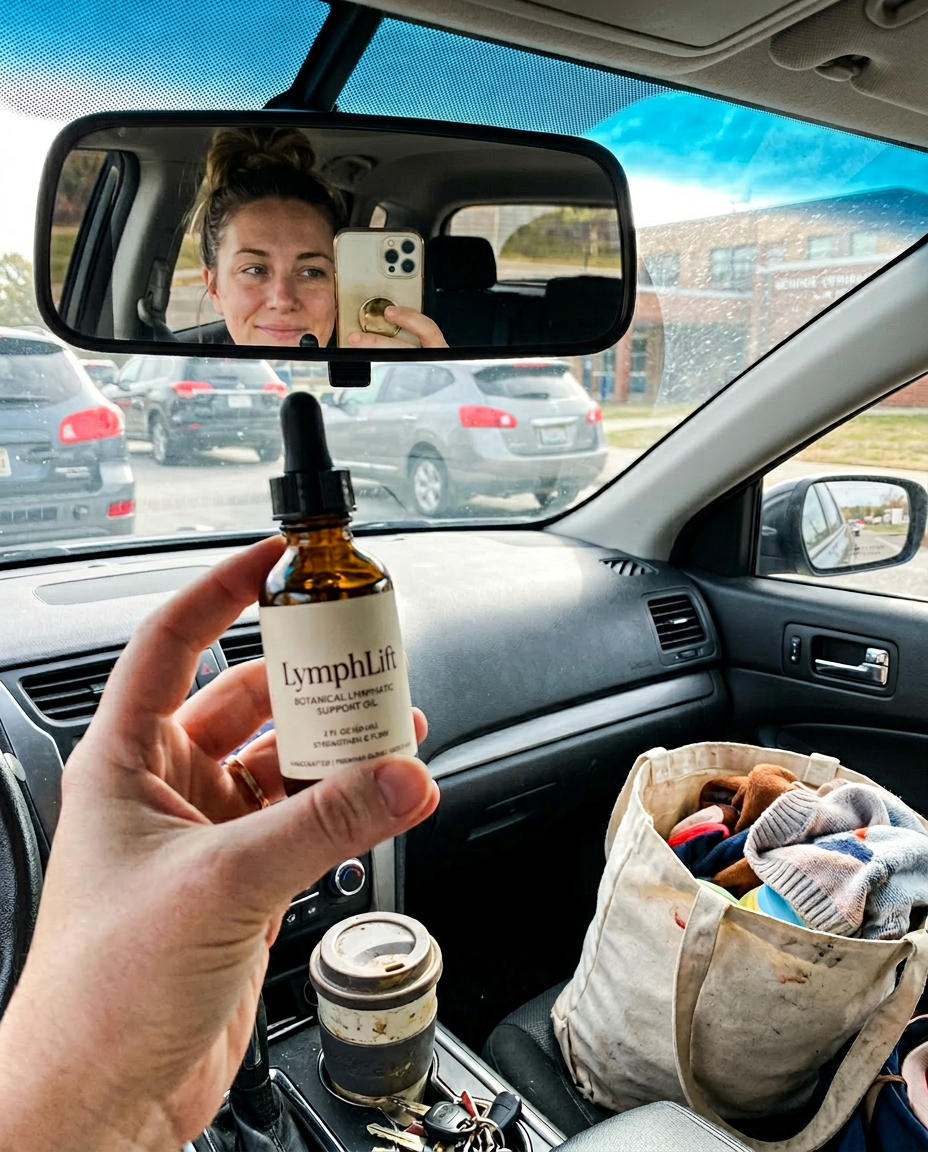 Maddie holding her LymphLift bottle in the rearview mirror after school pickup
